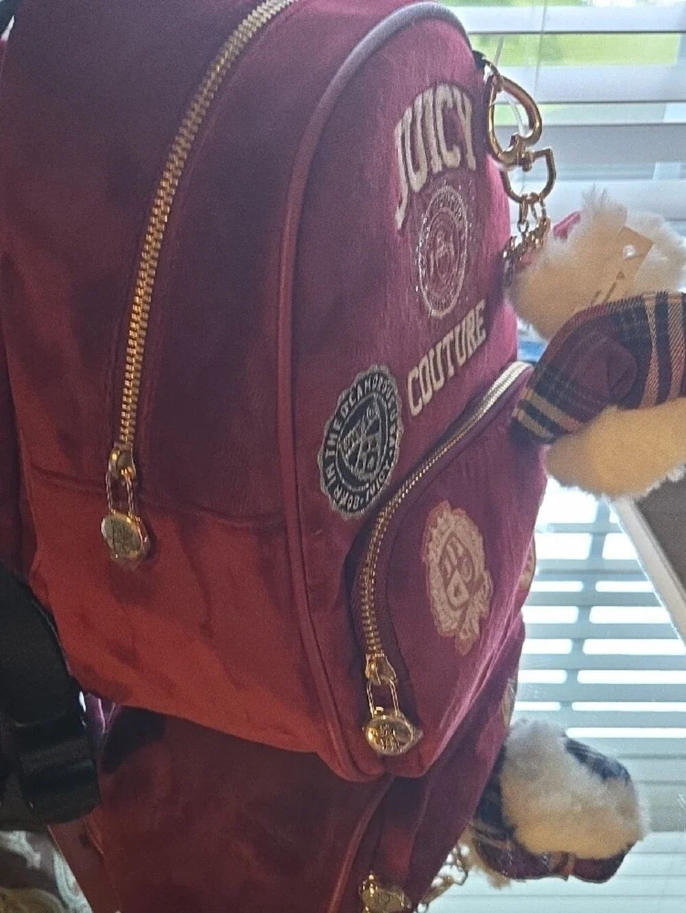 Juicy Couture Burgundy Velvet Backpack with Plush Keychain
